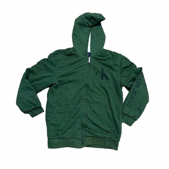 Calvin Klein Boys Hooded Jacket XL 18/20 Green Sherpa Lined Full Zip Logo Coat - Picture 1 of 10